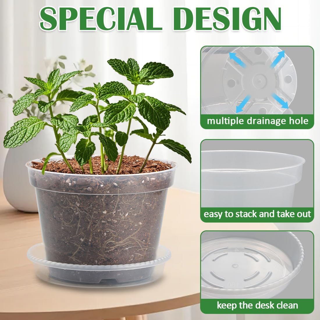 7 Pack 8 Inch Clear Nursery Pots with Saucer, Transparent Plastic Plant Pot with Drainage Holes, Sturdy Plant Starter Pots, Planter Pot for Planting Succulent Flower Herb Vegetable, Gardening Gifts
