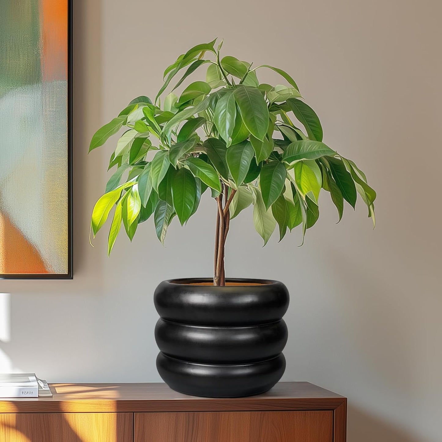 SQOWL Ceramic Pot for Plants 8 Inch - Indoor Plant Pot with Drainage Hole Planter for Outdoor Plants Modern Flower Pot Round Planter for House Home Decor Living Room Black