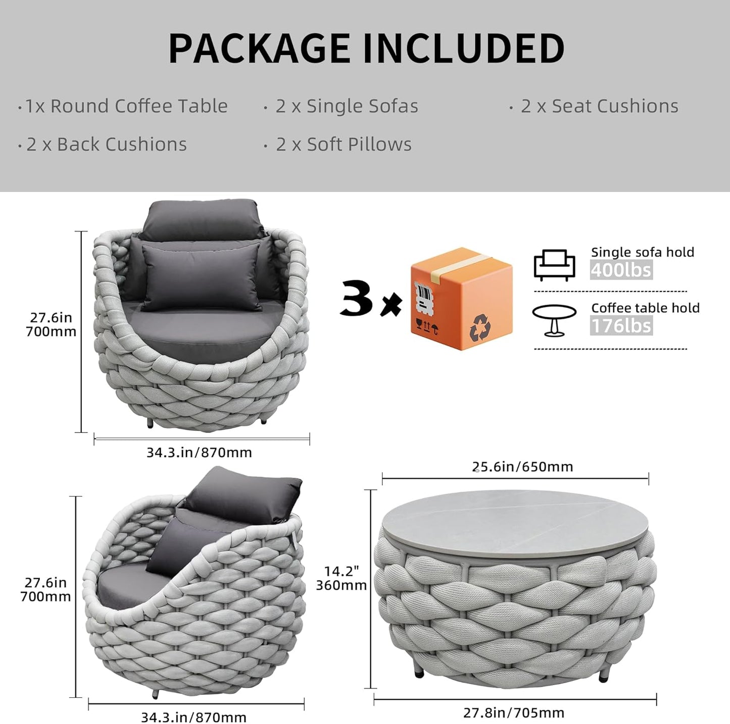 TWT 3 Pieces Aluminum Patio Furniture Set, Hand Woven Polyester Rope Modern Outdoor Furniture w/Washable Cushion and Rock Slab Tabletop, Conversation Sofa Set for Livingroom Poolside Balcony (Grey)