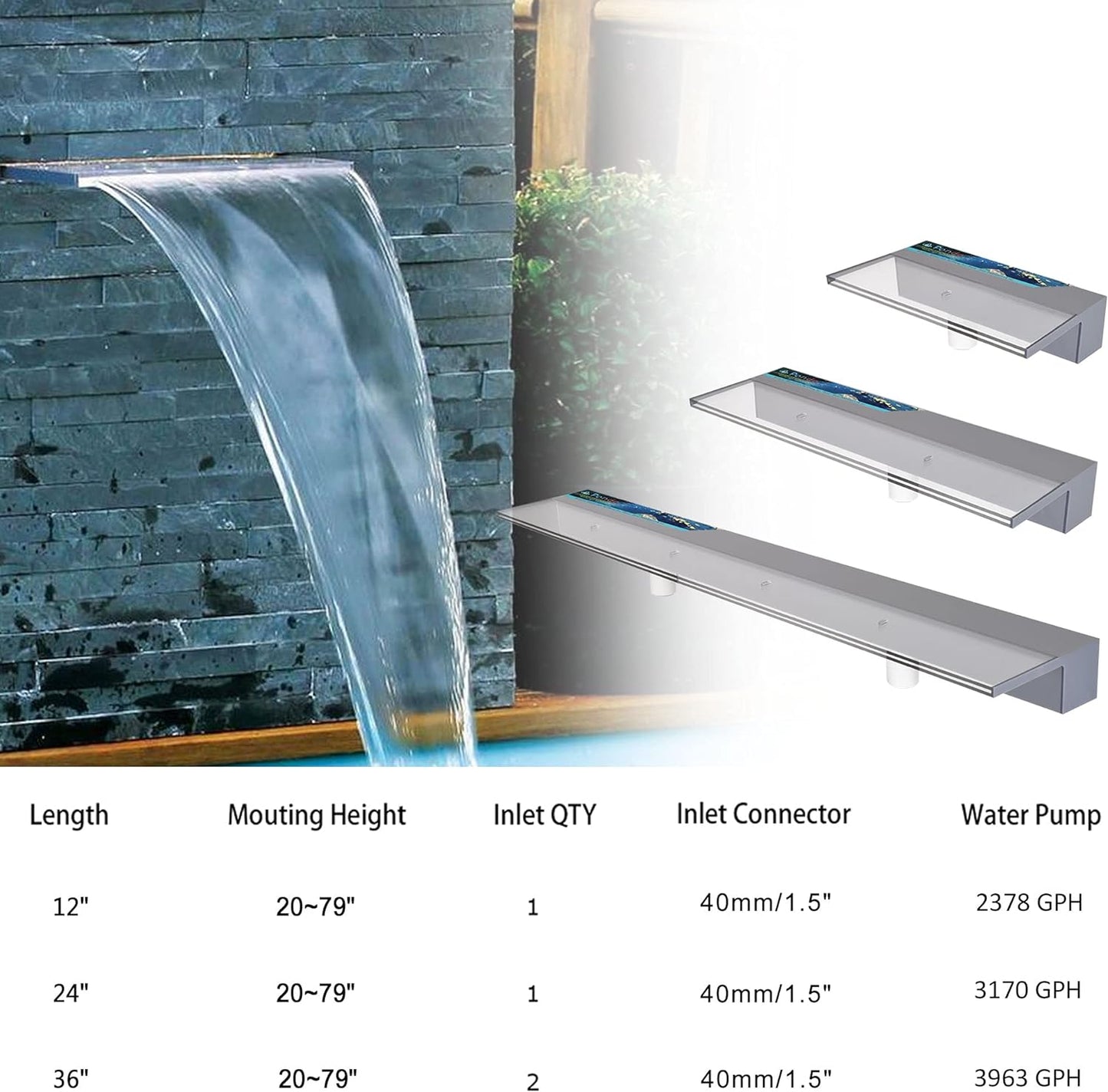 PONDO Lighted Waterfall Pool Fountain 24" with LED 7 Color Changing and Remote, Acrylic Waterfall Spillway for Sheer Descent Garden Outdoor