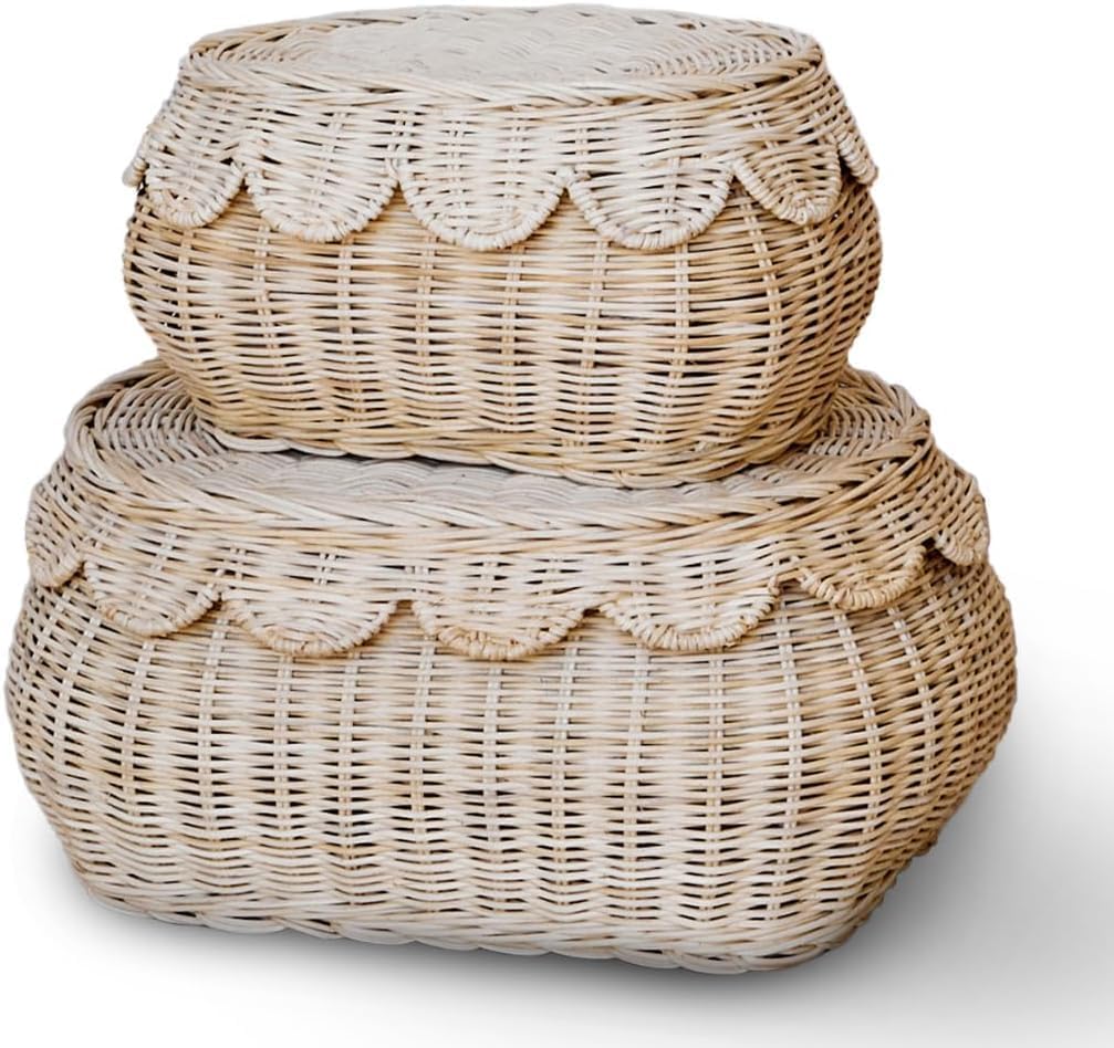 BEBE BASK The Original Scalloped Basket Set Of 2 – Small Scallop Basket - 15 x 10 x 6 In - Hand-Woven & Award-Winning - Elegant Wicker With Scalloped Edge Lid - Nursery Storage - (Natural)