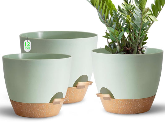 Indoor Pot For Plants 3 Pack 12/10/9 Inch Self Watering Pot For Lazy People,Self Watering Pots For Indoor Plants,Outdoor Pots For Succulent, African violets And Cactus Green Plastic Flower Pots