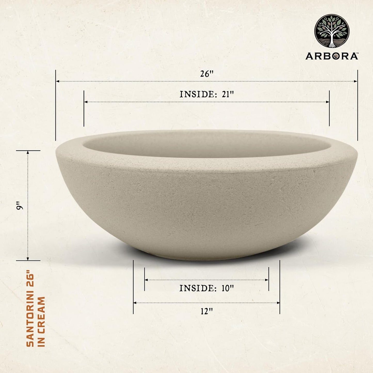 ARBORA 26" Santorini Bowl 2-Pack with Classic Cream Finish - Polyresin Indoor and Outdoor Planter2, Durable, Weatherproof, Lightweight, Large Plant Pots for Patio, Garden, Deck, Entryway