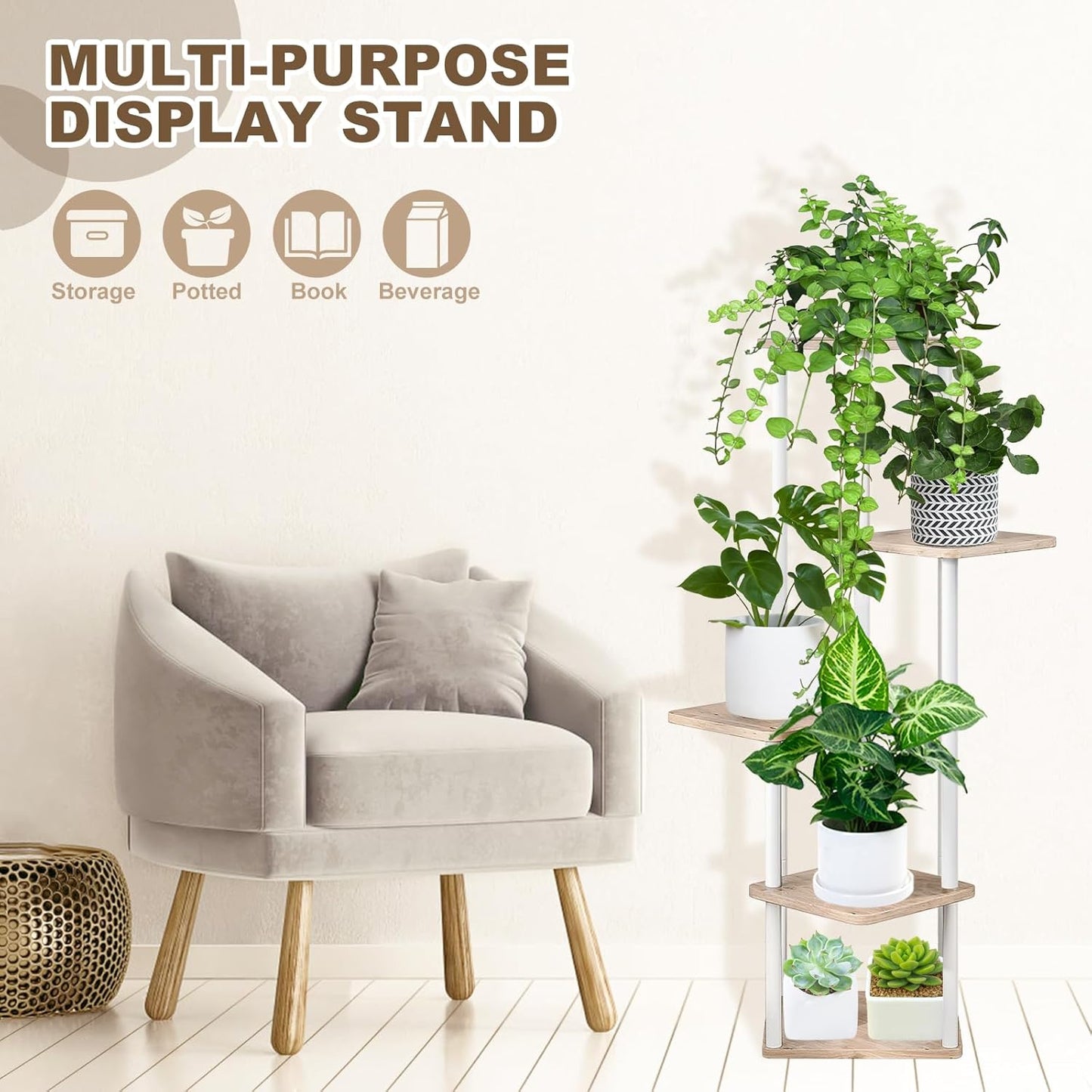 5 Tier Wood Tall Plant Stand Metal Rack Indoor, Multiple Flower Pot Holder Shelves Corner Rack, Planter Shelf Display Rack Storage Organizer for Patio Living Room Balcony Garden(White Oak)