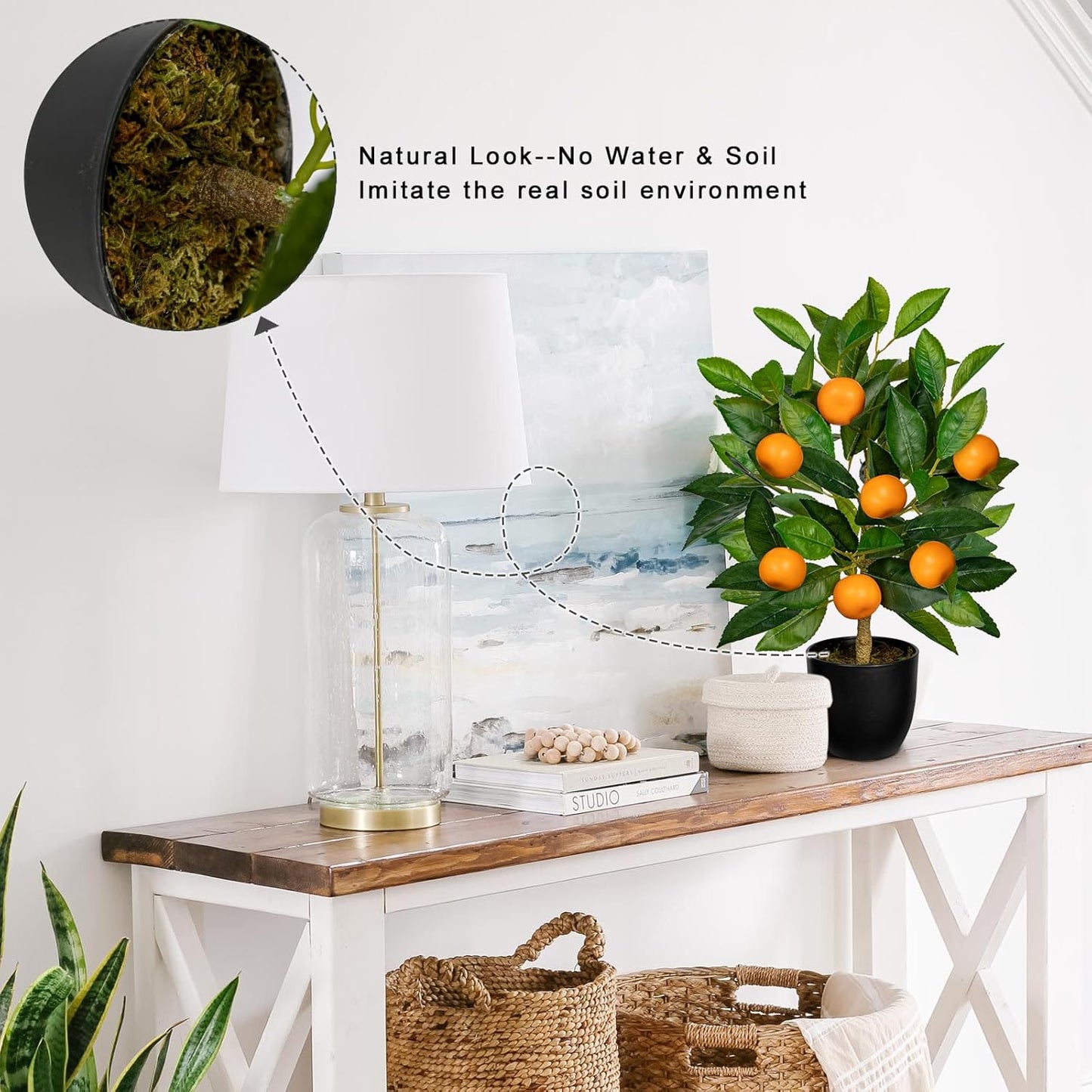 Artificial Potted Plants 15.7 inches Fake Orange Tree Artificial Citrus Fruit Plant with Black Pot Faux Plants Indoor for Home,Office, Living Room Table, Desk