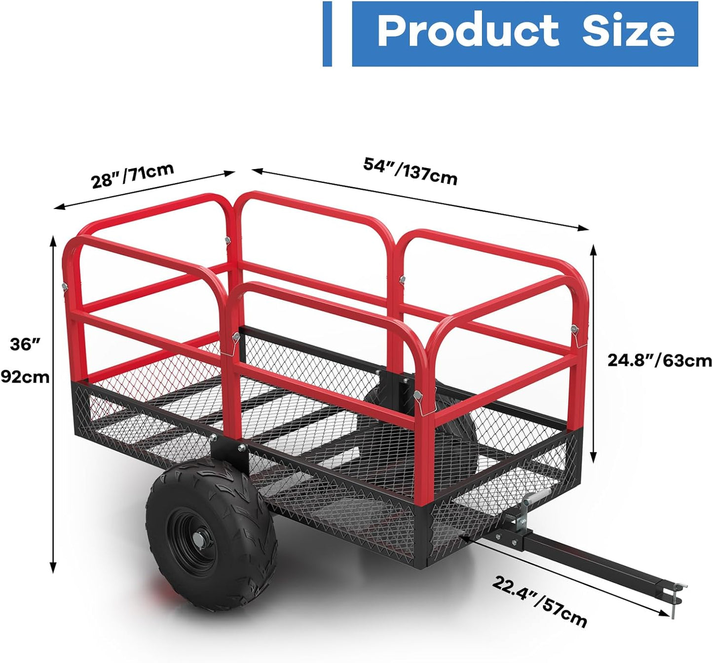 ATV Trailer Pull Behind Dump Cart, 1700lbs 17 Cubic Feet, Heavy Duty Yard Garden Trailer with Removable Sides and 2 Tires for Lawn Mower, Tractor