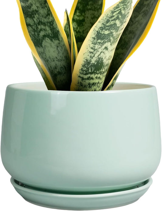 G EPGardening Ceramic Plant Pots - 7 Inch Planter for Indoor Outdoor Plants, Ceramic Planter with Drainage and Saucer, Round Modern Flower Pots, House Decor, Gift for Men Women, Green
