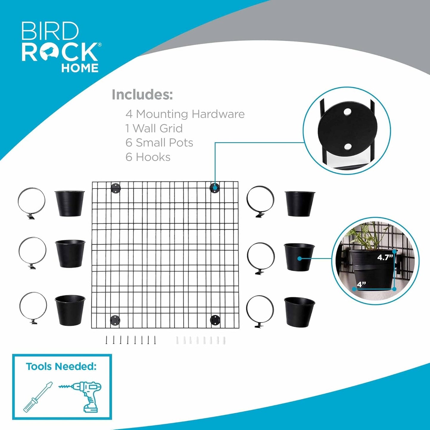 BIRDROCK HOME 6 Pot Garden Wall Grid - Flower or Succulent Planter Pots - Indoor or Outdoor Plant Organizer Rack - Black