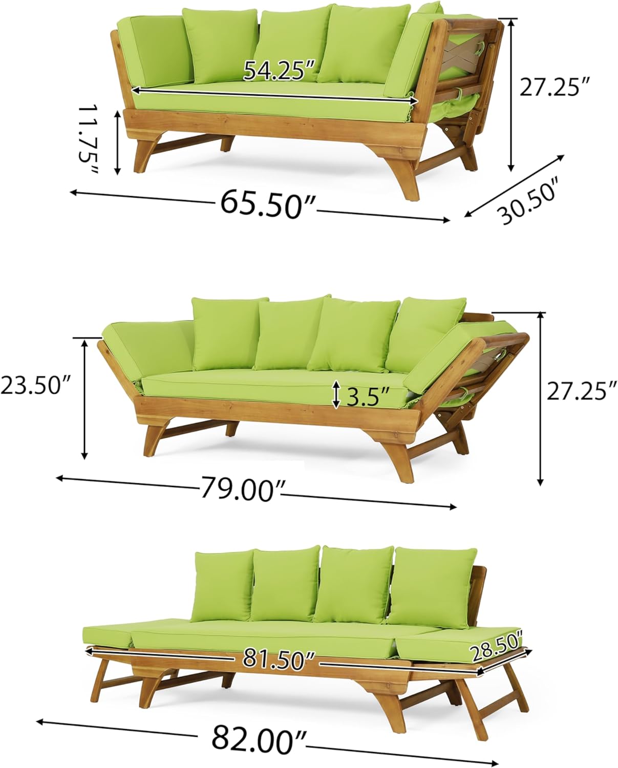 Outdoor Adjustable Patio Wooden Serene Daybed Sofa Chaise Lounge with Cushions for Small Places, Sleeper Chair with Armrest for Backyard, Poolside (Green)