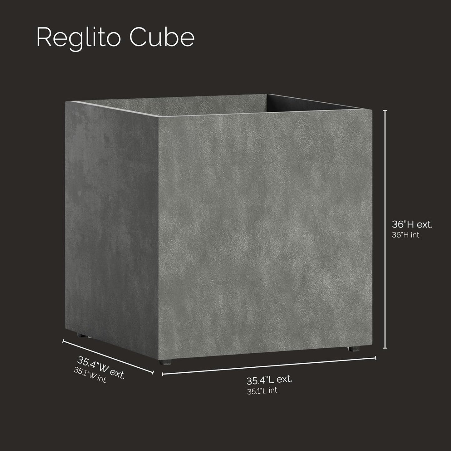 Reglito Cube Planter – Fiberglass Indoor/Outdoor and Weather-Resistant Large Planter (Grey Stone, 35.4" L x 35.4" W x 36" H)