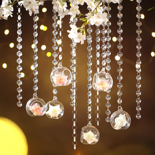 12 Sets Hanging Glass Candle Holder Wedding Glass Globe with Acrylic Gems Bead Garland Tea Light Holder Orbs Container for Flower Plants Micro Landscape DIY Xmas Tree Party Decoration 2.36 Inch