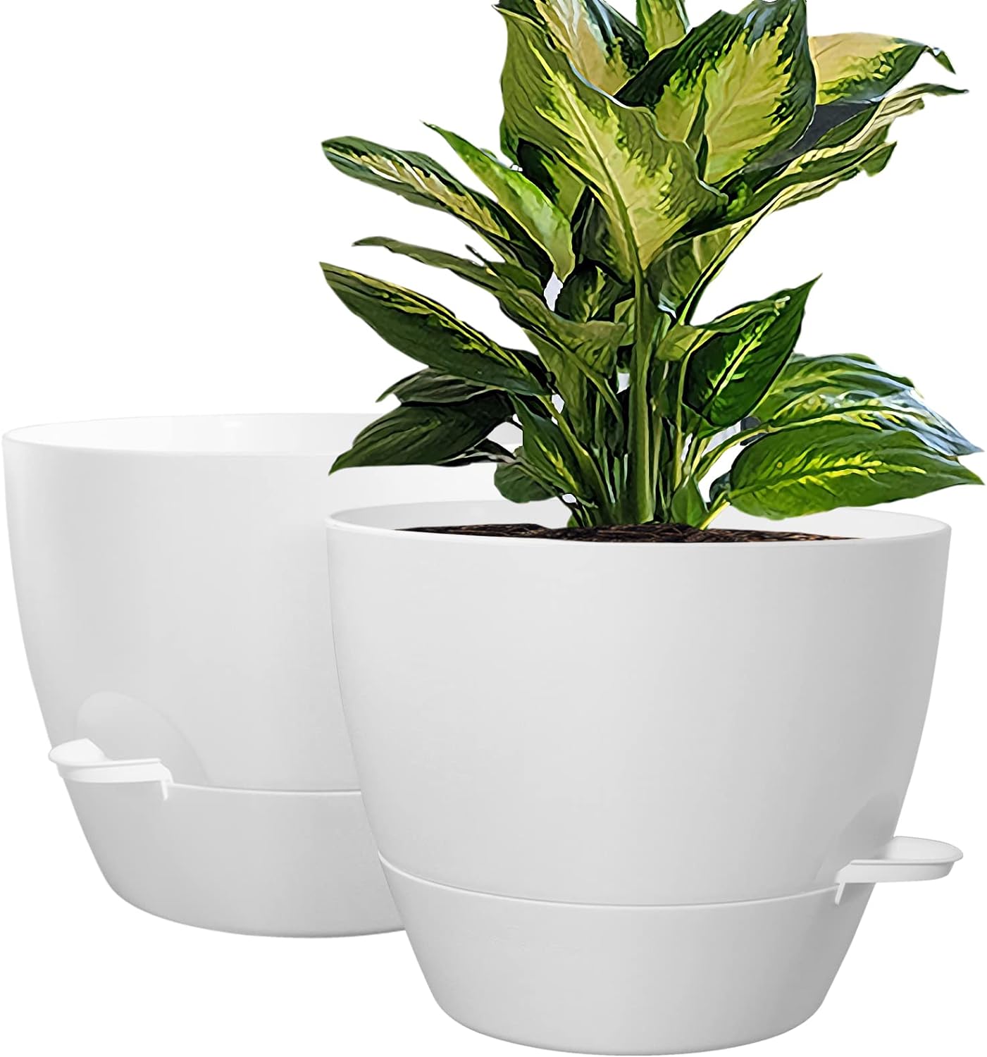 WOUSIWER 10 inch Self Watering Planters, 2 Pack Large Plastic Plant Pots with Deep Reservior and High Drainage Holes for Indoor Outdoor Plants and Flowers, White