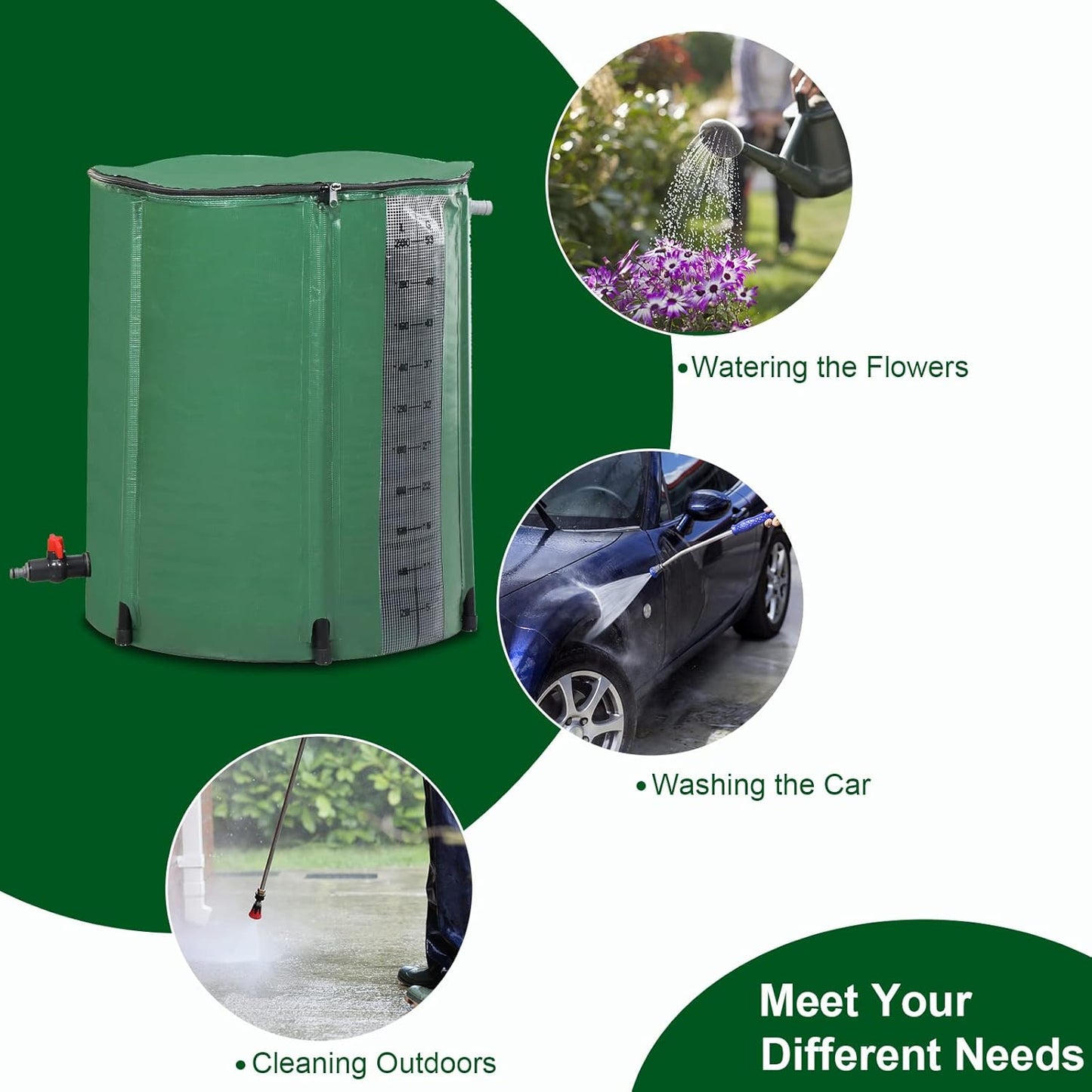 Collapsible Rain Barrel, 50 Gallon Portable Rainwater Collection System, Rain Catcher Barrel with Volume Scale Mark, Spigots and Overflow Kit, Rain Water Barrel Collector for Garden, Green
