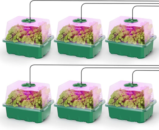 MIXC Seed Starter Kit with Grow Light, Elevated Seedling Tray Kit with Adjustable Humidity Dome and Clear Cell Tray, 12 Full Spectrum Led Beads for Seed Starting Greenhouse, 6 Pack, Green