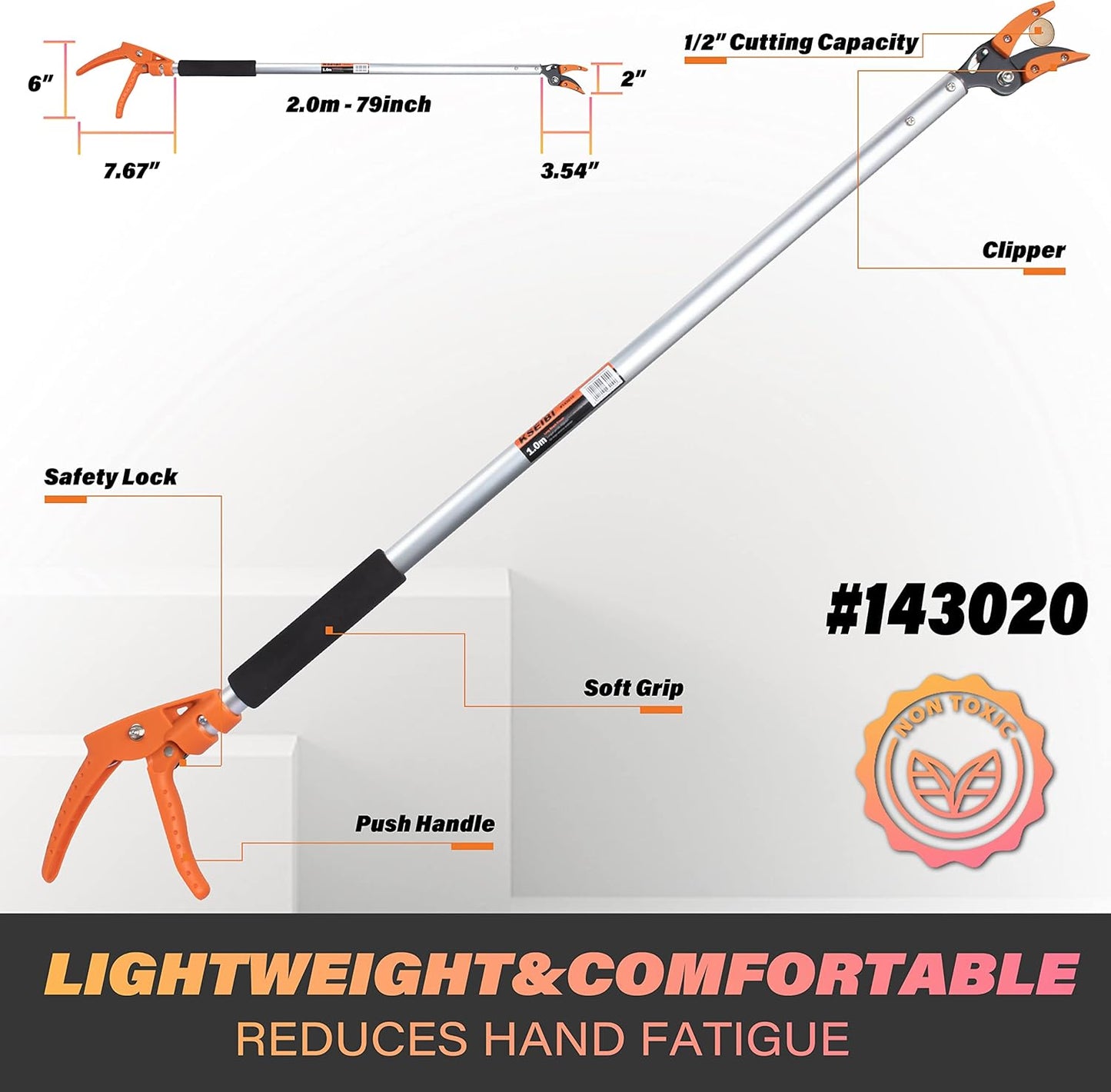 KSEIBI 143020 Long Reach Cut and Hold Bypass Pruner Max Cutting 1/2 inch (7.0 ft - 2.0m)