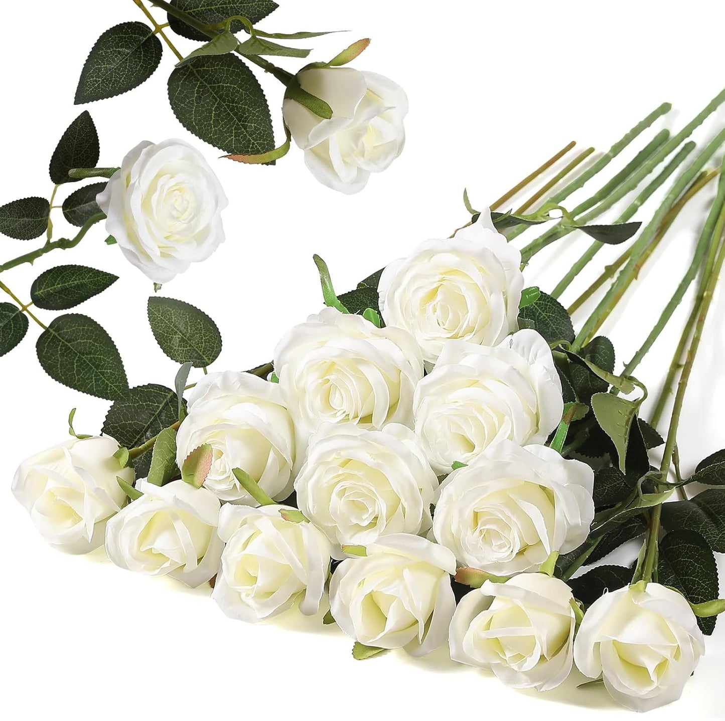 Hawesome 12PCS Artificial Silk Flowers Realistic Roses Bouquet Long Stem for Home Wedding Decoration Party (White -2)