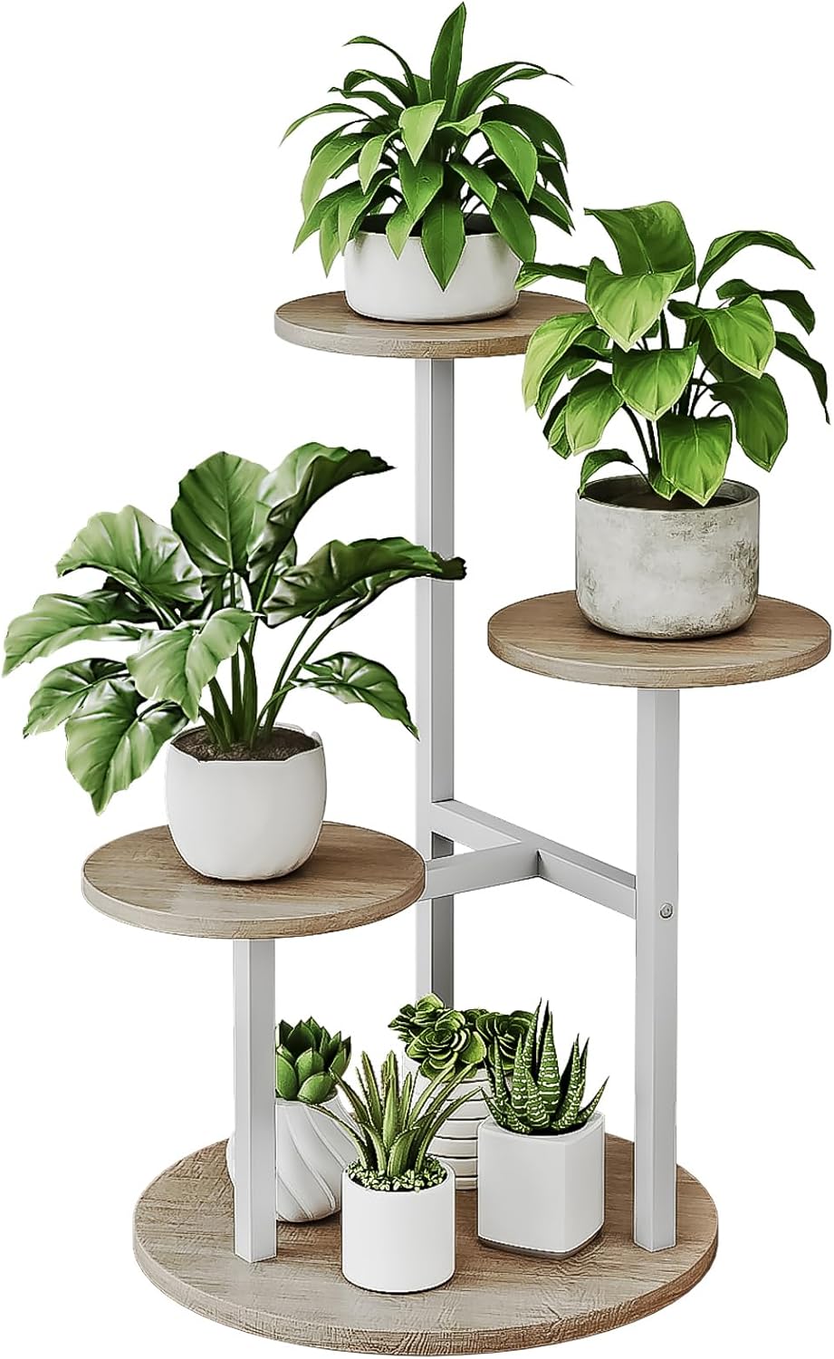 Plant Stand Indoor 4 Tier 5 Potted Multiple Flower Pot Holder for Patio Garden Balcony Living Room Corner (4 Tier White+Sonoma Oa)