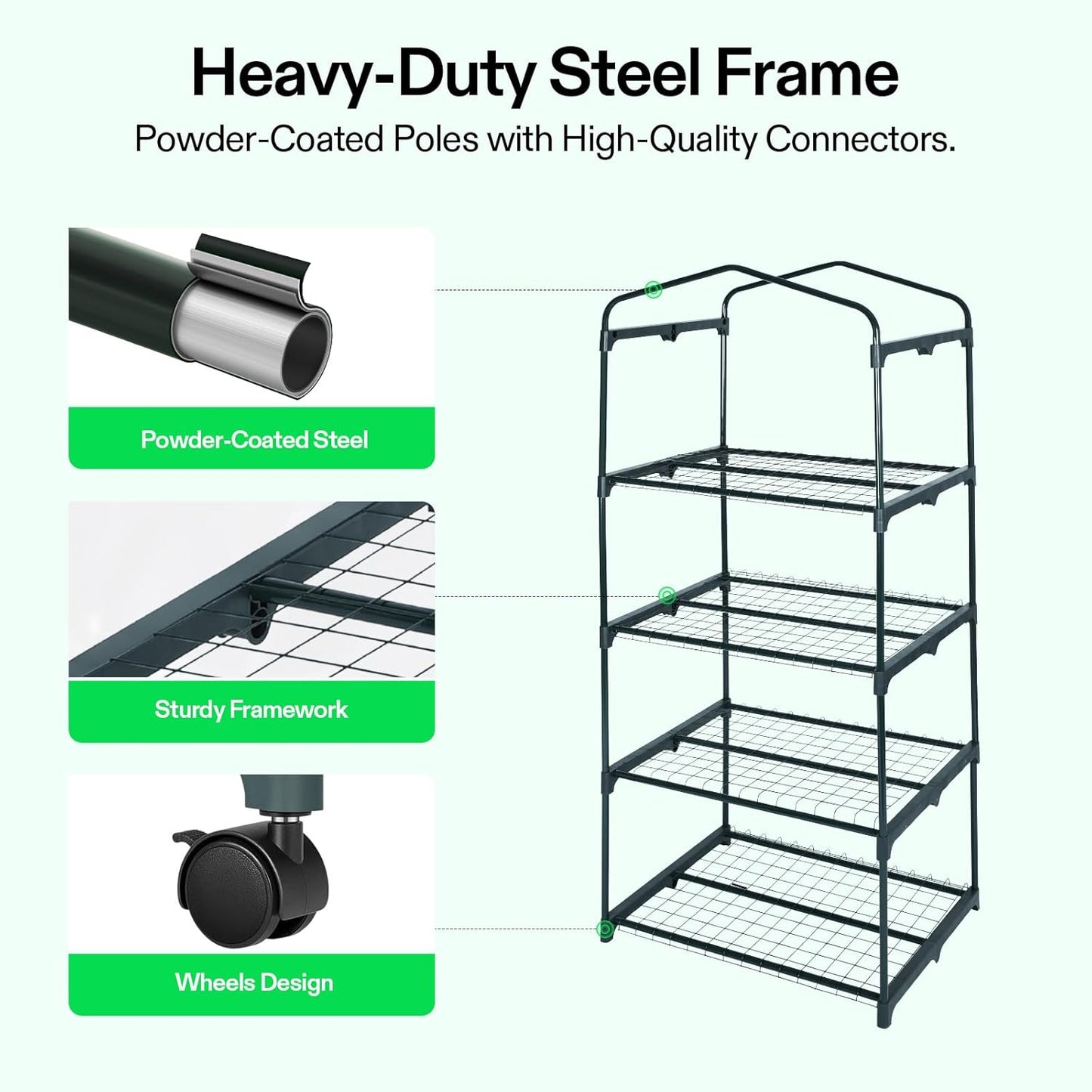 VIVOSUN Mini 4-Tier Greenhouse with Wheels, 27 x 19 x 63-Inch Reusable Portable Warm House with Clear PVC Cover and Shelf for Compact Garden and Small Backyards, with Wheels