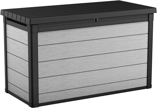 Keter Denali 200 Gallon Resin Large Deck Box with Double Wall 20mm Panels - Paintable and Drillable-Organization and Storage for Patio Furniture and Outdoor Items, Grey & Black