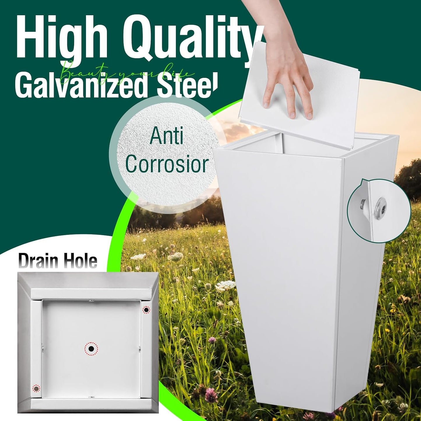 Tall Tapered Planter Front Porch Taper Metal Modern Flower Plant Pot White Square Galvanized Steel Planter 30 in Indoor Outdoor for Garden Patio Grande Plant Tree Commercial Residential Heavy Duty