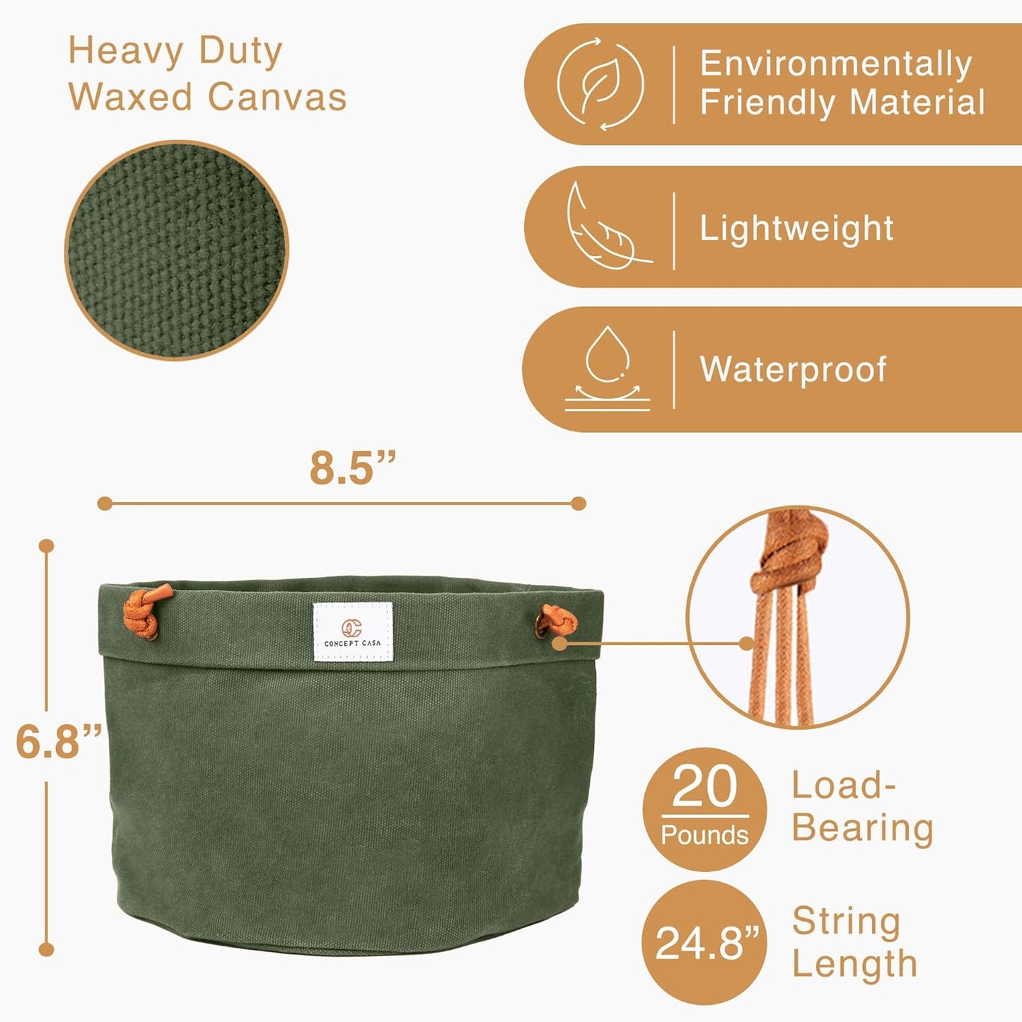 Waxed Canvas Handmade Hanging Planter for Indoor/Outdoor Plants, Hanging Basket Plant Holder Forest Green with Hook