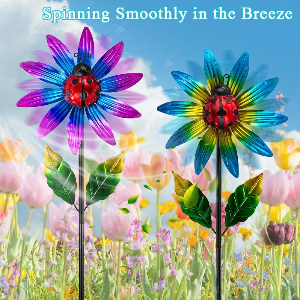 2 Pack Wind Spinner Outdoor,Waterproof Metal Windmill with Ladybug,Pinwheels for Yard and Garden, Flower Wind Sculpture & Spinner for Patio Lawn Decor