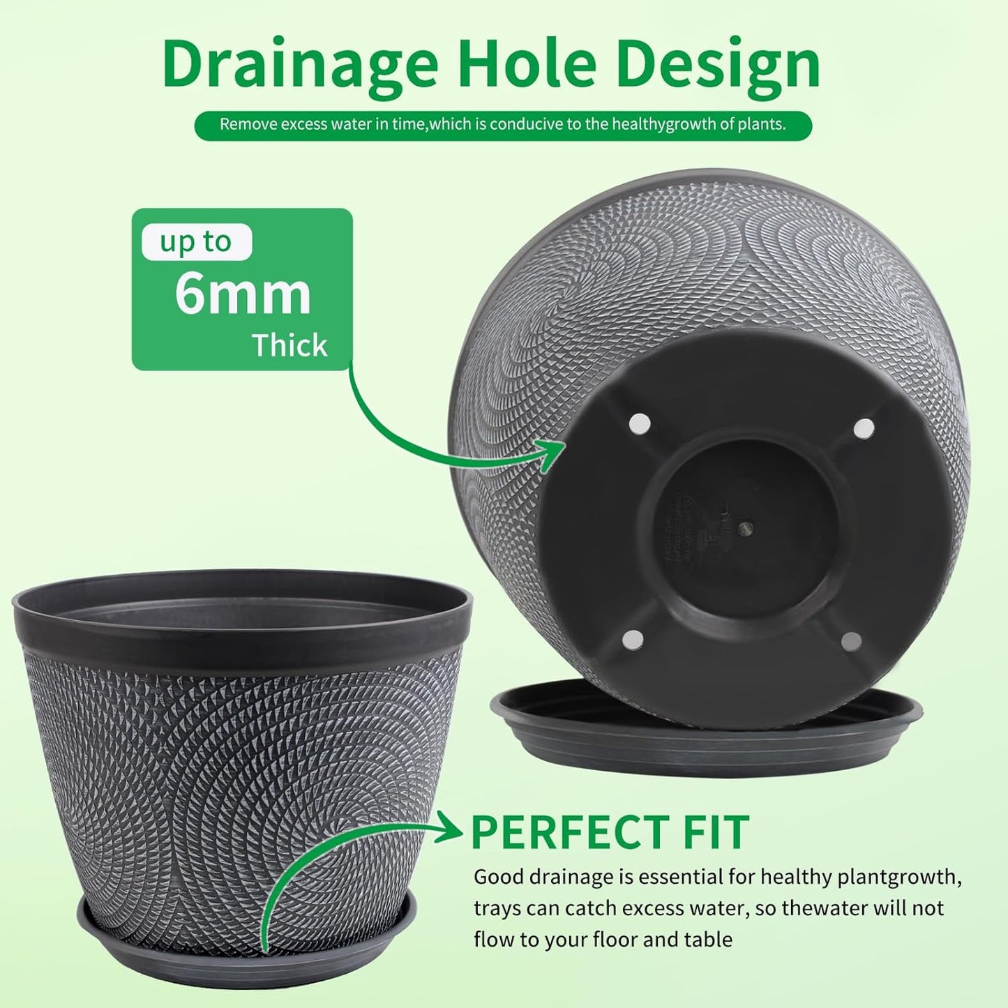 Quarut 4 Pack 6 Inch Flower Pots Planters for Outdoor Indoor, Plastic Plant Pots with Drainage Hole & Tray, Modern Decorative Garden Pot with Saucer, planters for House (Gray)