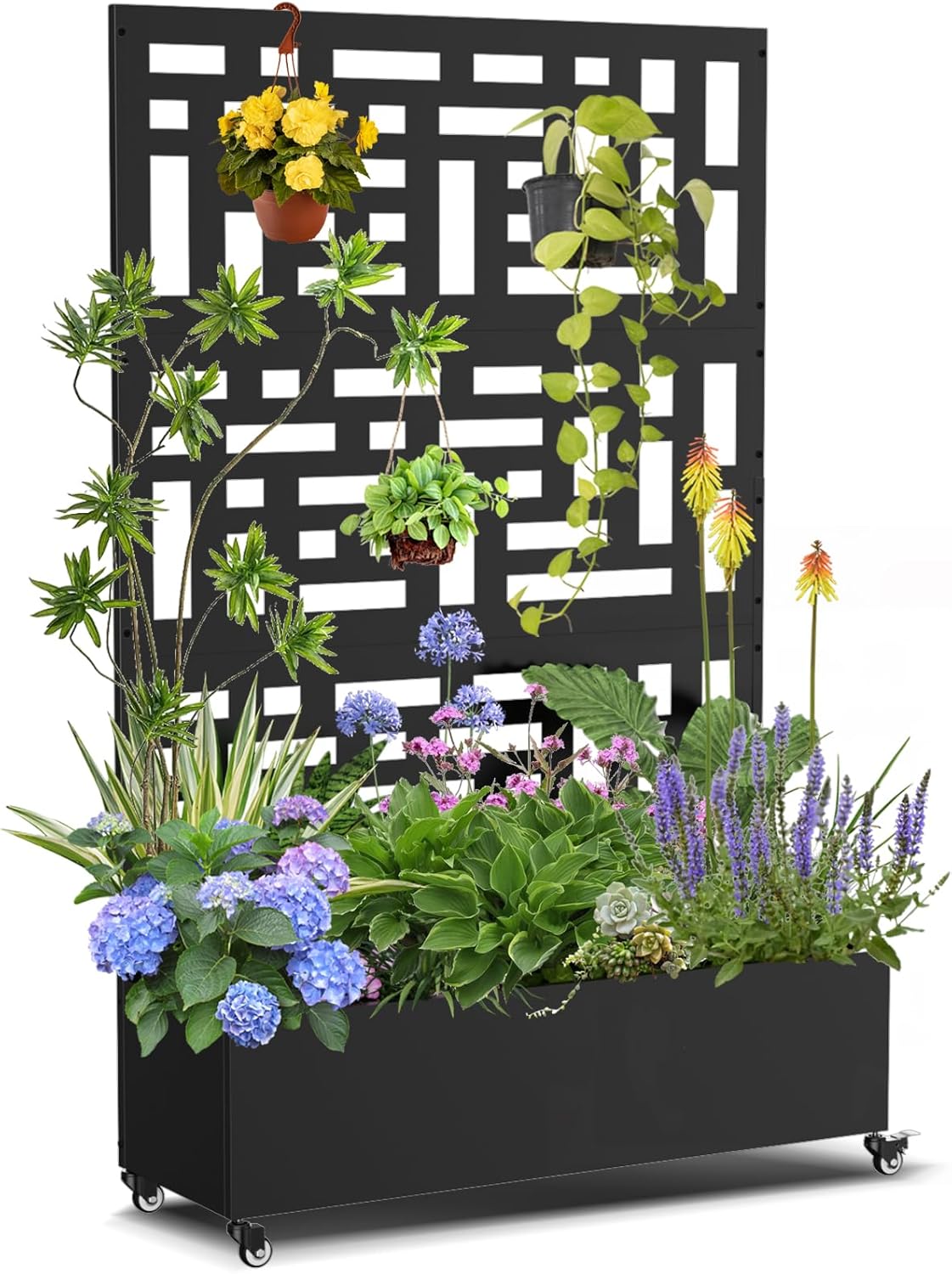 Metal Planter Box with Trellis, 71"x 47"x 16" Raised Garden Bed with Trellis & Wheels, Privacy Planters for Patio, Planter Box with Drainage Holes for Climbing Plants, Flower, Vegetable