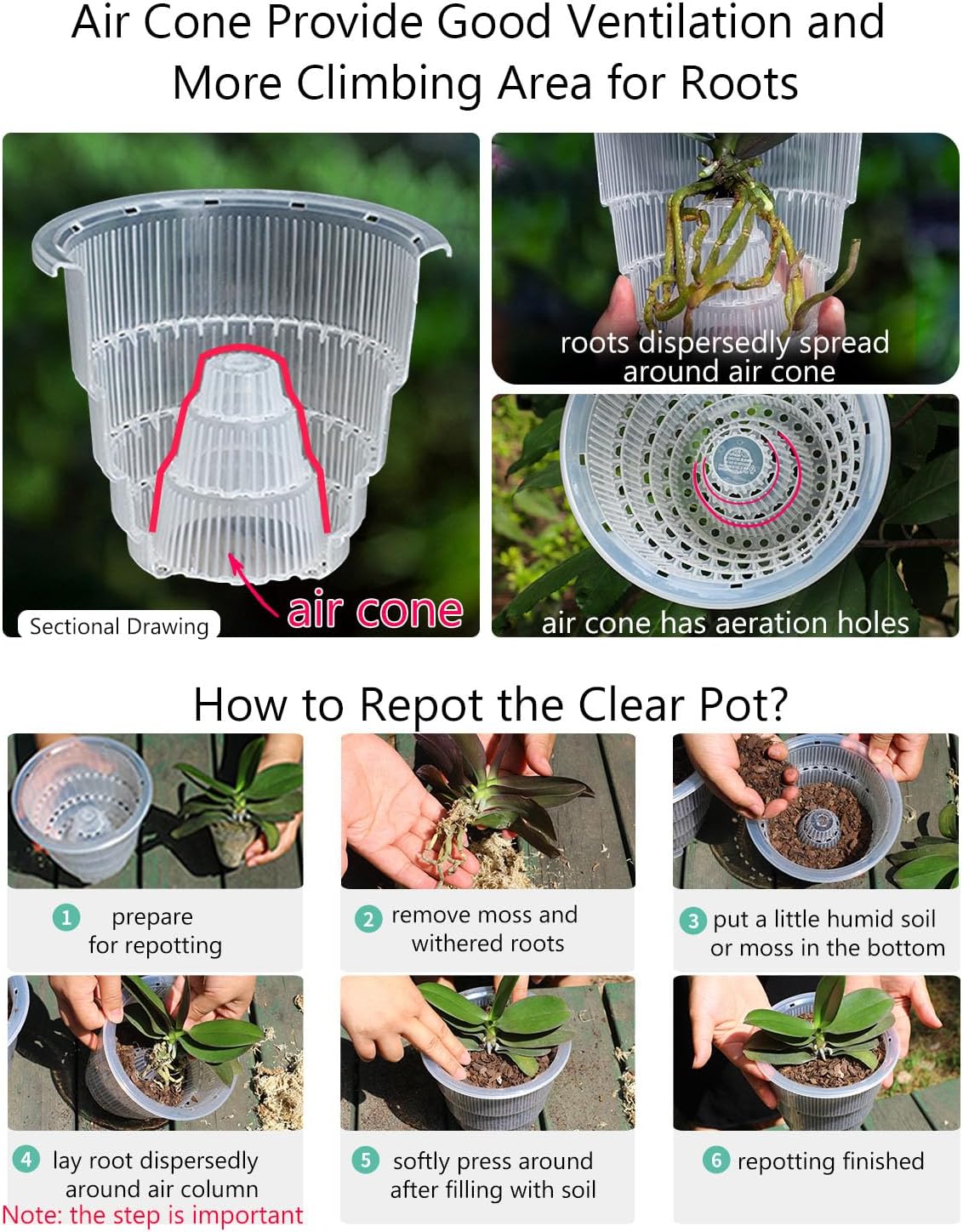 6 inch Orchid Pots with Holes for Repotting with Excellent Airflow, Set of 2, Double Layer Plastic Imitate Ceramic Orchid Planter, Clear Orchid Pot Match Decorative Orchid Container