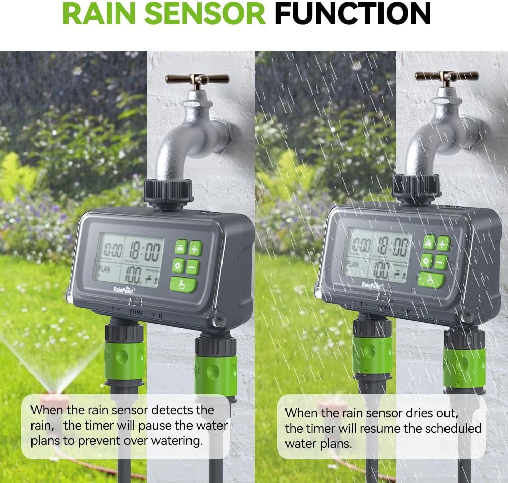 RAINPOINT 2 Zone Smart Water Timer for Garden Hoses - Lawn Sprinkler Timers with Up to 3 Preset Programs, Rain Delay Sensor, Smart Water Hose Timers, Drip Irrigation Timer for Garden Watering System