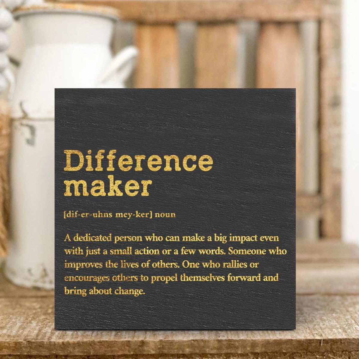 Difference Maker Definition Home Office Decor Wooden Box Sign, Appreciation Gifts for Teacher Nurse Boss Coworker Cubicle Desk Accessories Table Shelf Plaque Sign, Motivational Wall Decor, Black