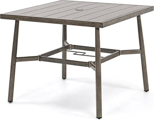 HAPPATIO Patio Table for 4, Modern Square Outdoor Dining Table with Umbrella Hole and Adjustable Feet, All Weather Aluminum Patio Table for Garden, Backyard and Poolside, Grey