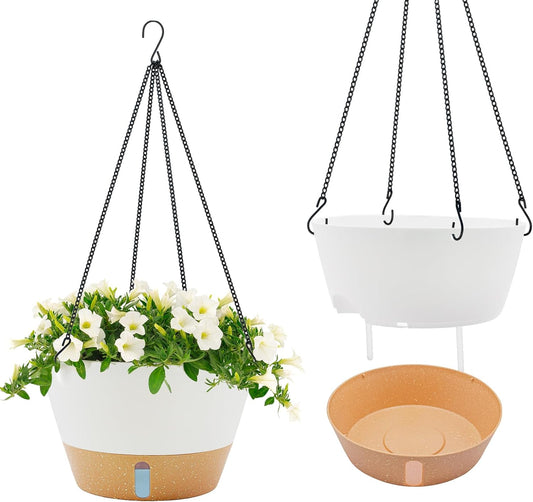 ZMTECH 12 Inch Hanging Planters for Indoor, 2 Pack Large Hanging Plant Pot with Visible Water Level and Chain, Self Watering Hanging Flower Pot for Outdoor Garden Porch(12Inch, White)