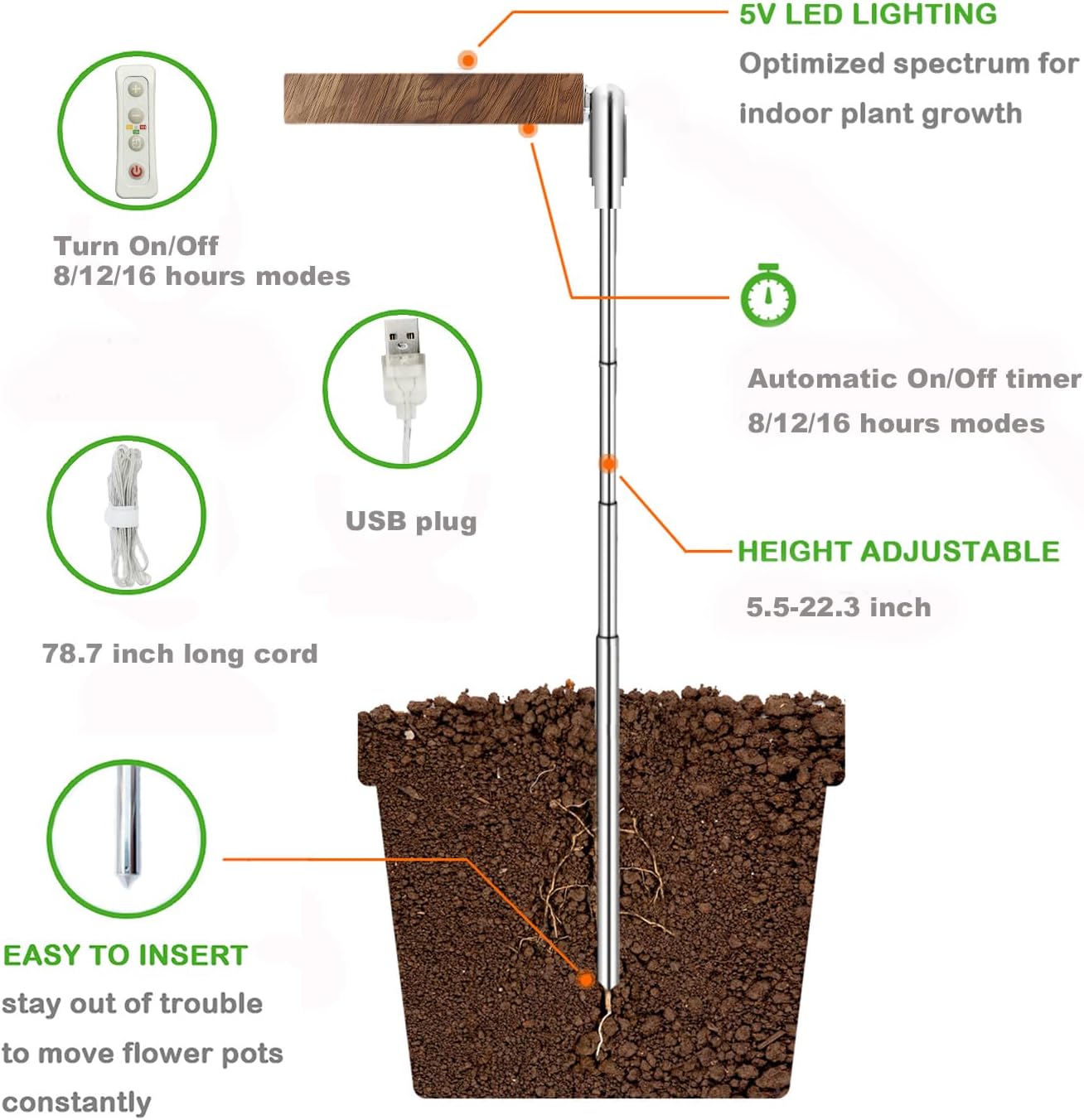 yadoker Plant Grow Light, LED Growing Light Full Spectrum for Indoor Plants,Height Adjustable, Automatic Timer, 5V Low Safe Voltage,Idea for Small Plants
