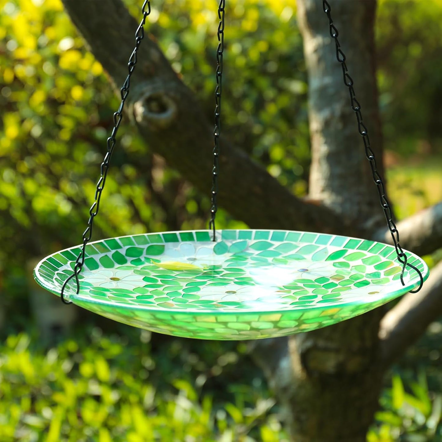 MUMTOP Mosaic Hanging Bird Bath-Bird Baths for Outdoors - 12 Inch Glass Birdbath Bird Water Bowl Bird Feeders for Outside, Garden, Lawn Yard Decor（Flower & Leaf）