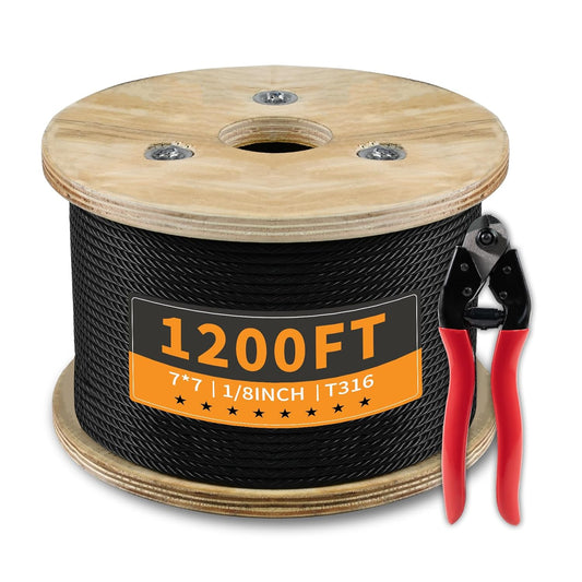 1200FT 1/8" Stainless Steel Cable Black 7x7 Strands Aircraft Cable T316 Wire Rope with Cable Cutter 1800lbs Breaking Strength for Deck Cable Railing, Stair, Fence, DIY Balustrades