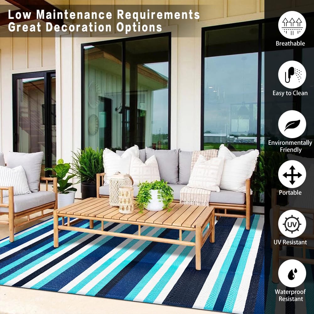 Outdoor Waterproof Rug 9'x12' Plastic Straw Rugs Washable Reversible Floor Mat Blue Stripe Carpet for Camping RV Deck Entryance Porch Picnic Balcony Beach Backyard