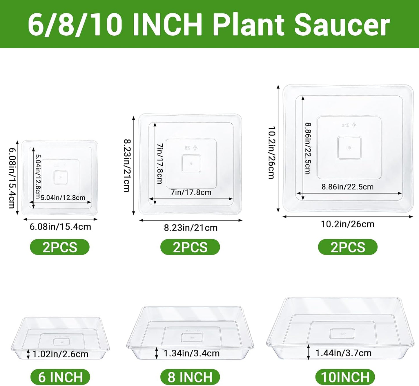 GREANER 6 Packs Square Clear Plant Saucer 6 8 10 Inch, Plastic Flower Plant Pot Saucer, Plant Watering Tray for Planter Pots, Flower Plant Drip Trays for Indoor & Outdoor Plants
