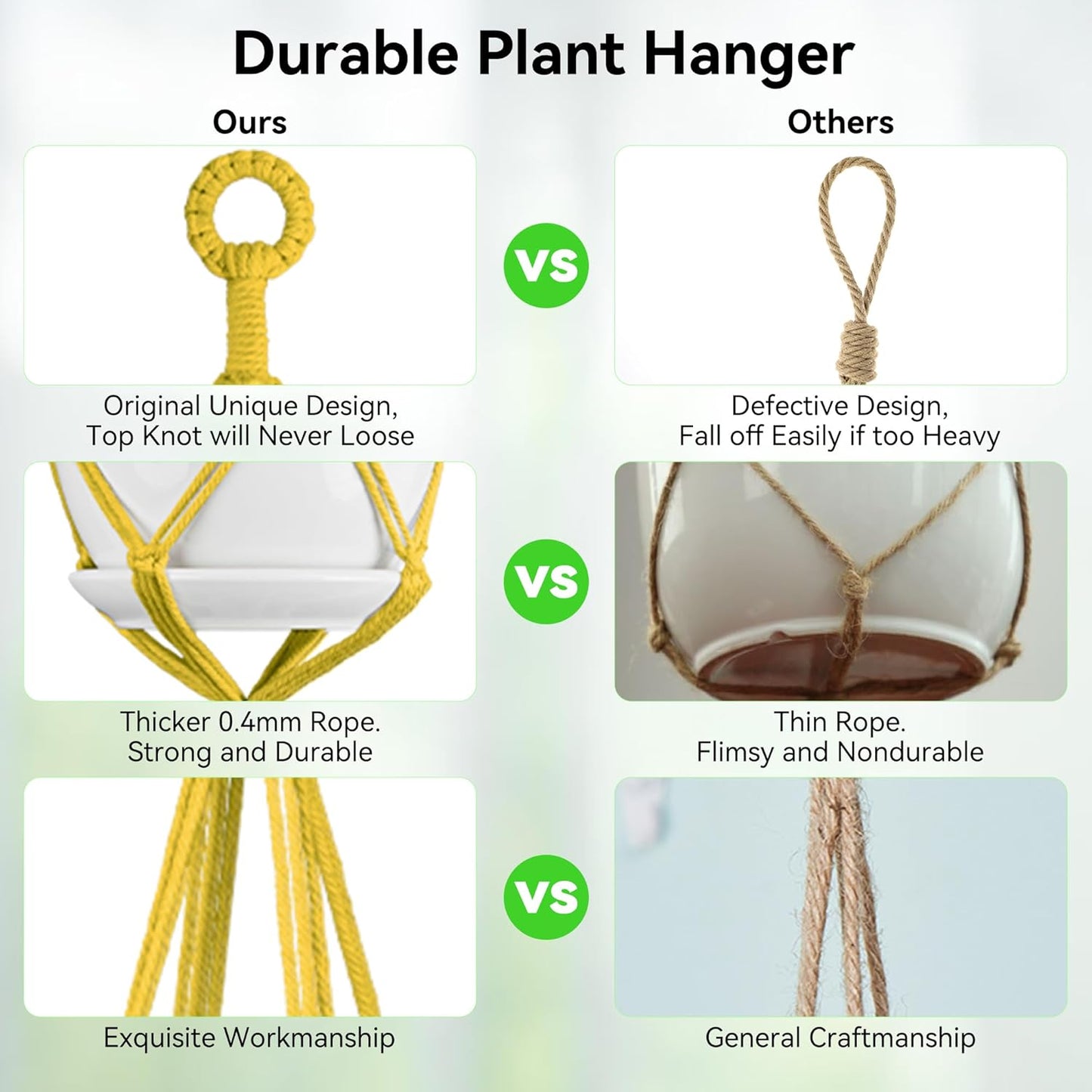 USLAI Macrame Plant Hanger Indoor Outdoor, Up to 4-15 inch Pot, Heavy 20lb Planters, Extra Long Strong Hanging Planter Basket Holder, Boho Home Decor, 49+72 Inch, Yellow (POTS NOT Included)