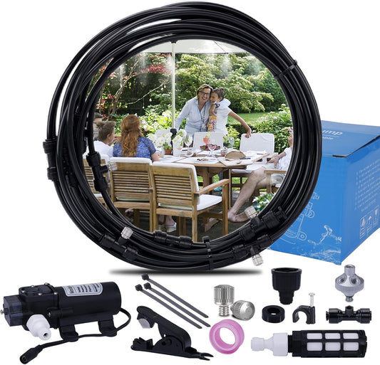 Fogland Pump Misting System: Outdoor Misting System 49ft Misting Cooling System with 16pcs 0.016" Orifice Thread Stainless Steel Misting Nozzle for Patio Garden Backyard