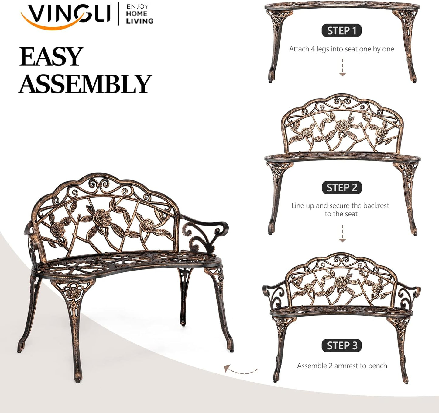 VINGLI 38.5" Patio Park Garden Outdoor Metal Rose Bench,Cast Iron Cast Aluminium Frame Antique Finish Chair,Accented Lawn Front Porch Path Yard Decor Deck Furniture for 2 Person Seat（Bronze