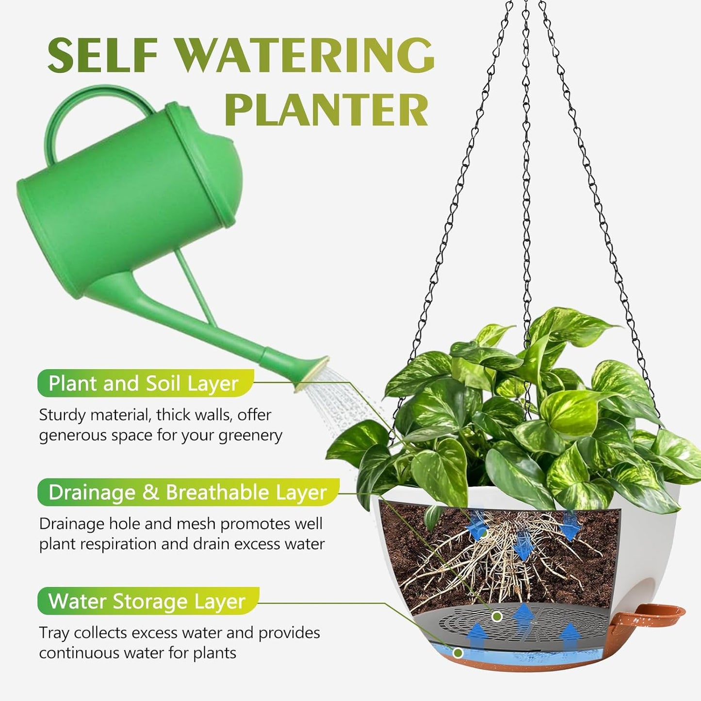 GARDIFE Hanging Planters for Indoor Outdoor Plants, 2 Pack Self Watering Hanging Pot with Drainage Holes & Removable Tray (White, 12 inch)