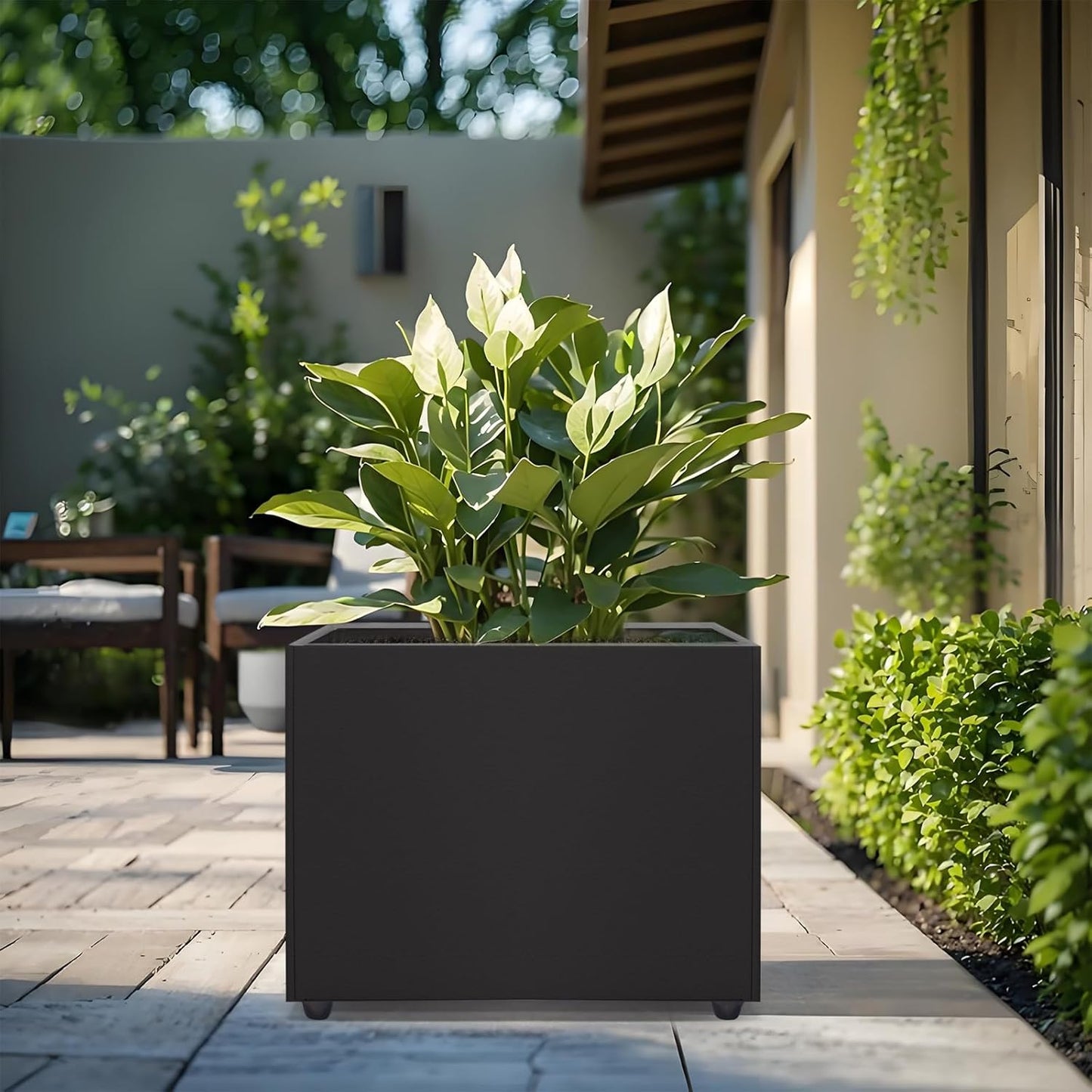 Planter Box Rectangular Block - 16×12×12IN Galvanized Steel Metal Long Box Planter Easy Installation Modern Outdoor Tall Planters All-Weather Use with Drainage Holes for Patio/Porch(Black)