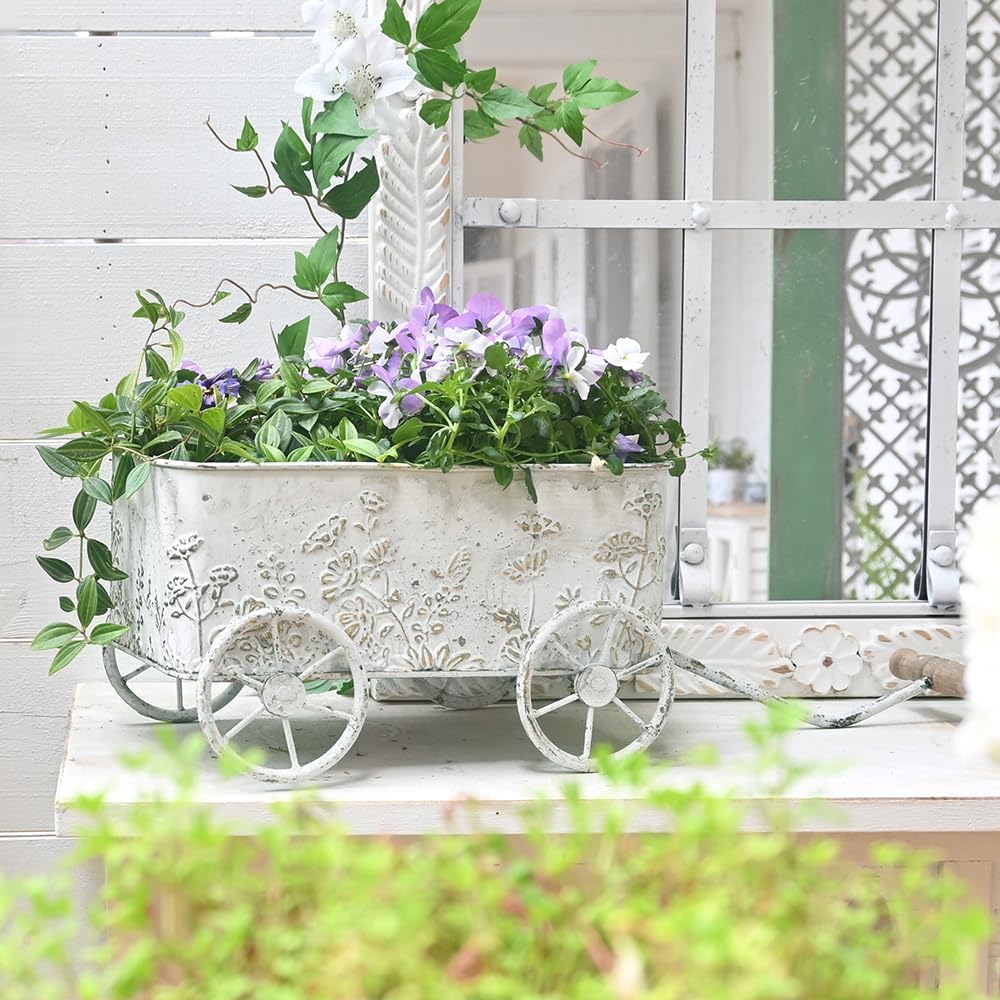 Flower Cart with Wooden Handles, Metal Wagon Planters for Outdoor Plants, Garden Planter with Wagon Wheels, Decorative Wheelbarrow, Plant Cart for Patio Garden Balcony (White)