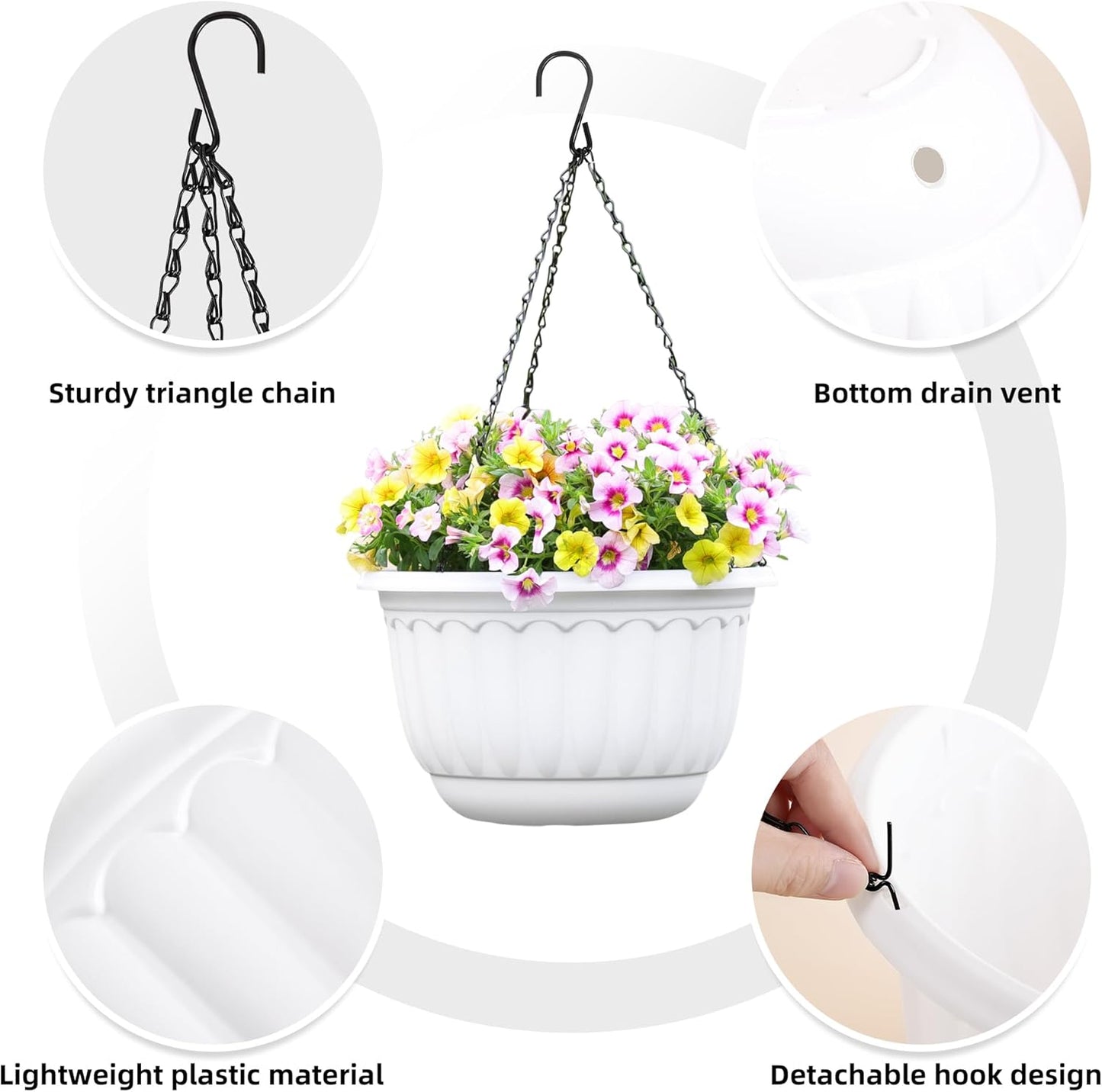 YIKUSH Planters for Outdoor Plants 2 Pack White Plant Pots with Drainage Hole and Absorbing Tray Hanging Planters for Indoor Plants (12 inch, 3 Hooks)
