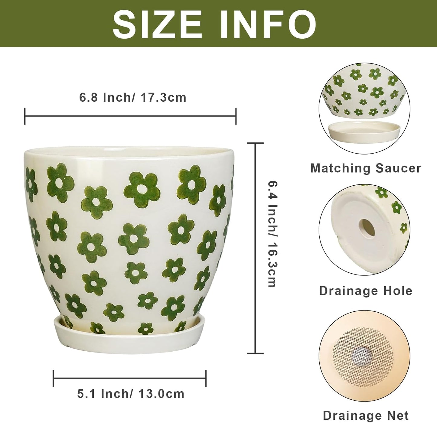 Ceramic Plant Pot - 6.8 Inch Ceramic Planter for Indoor Outdoor Plants, Boho Round Indoor Flower Pot with Drainage Hole and Saucer, Gifts for Plant Lovers, Home Garden Apartment Decor, White