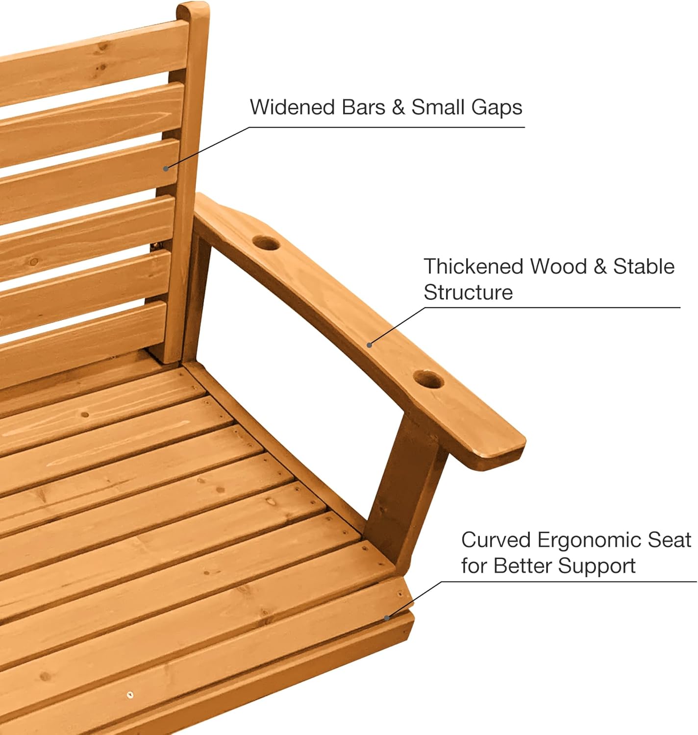 Wooden Porch Swing, Ergonomic Seat, Bench Swing with Hanging Chains and 7mm Springs, Heavy Duty 880 LBS, for Outdoor Patio Garden Yard (Amber, 2-Seater Extra Large)