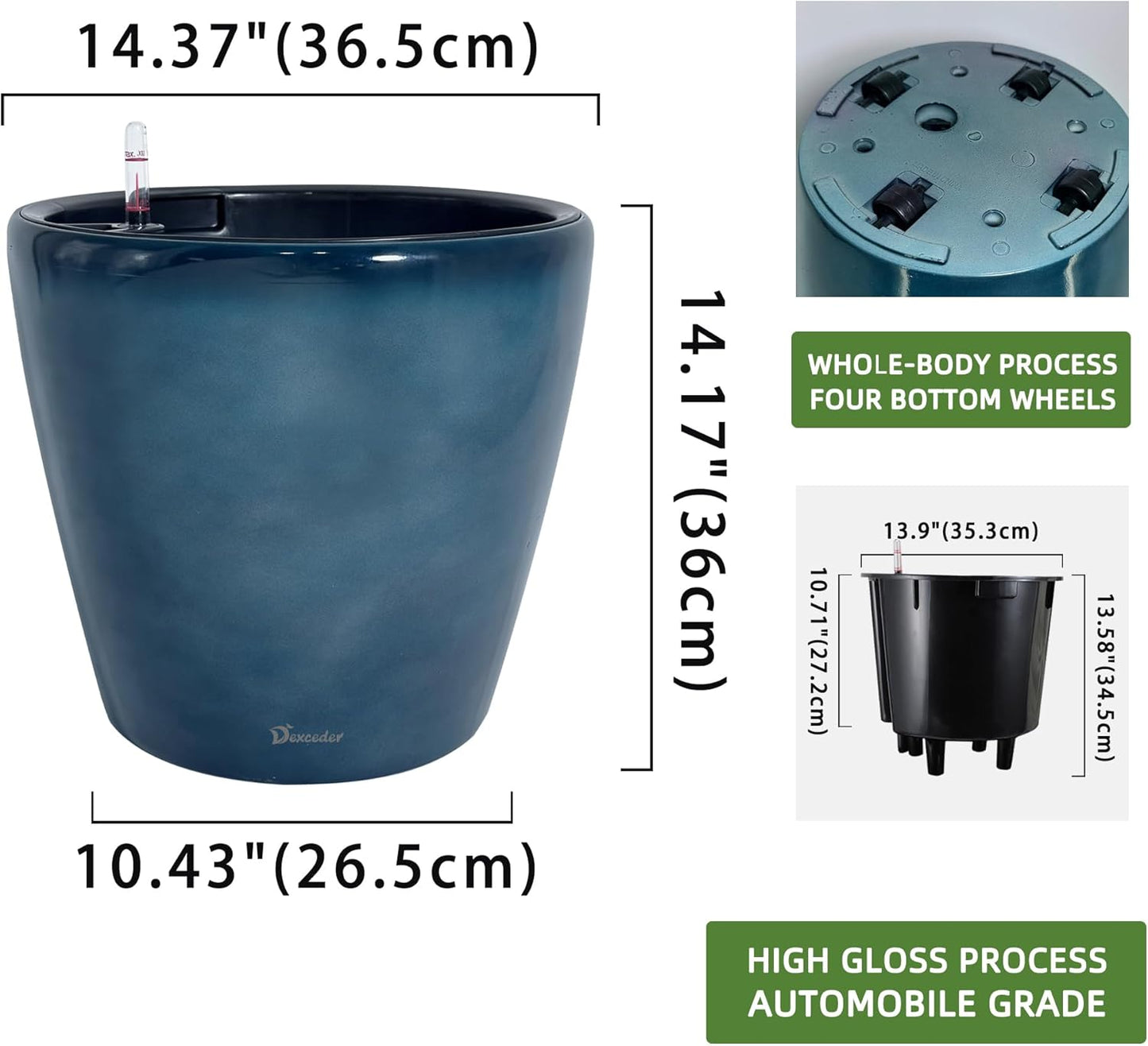Dexceder 15x14 Self Watering Planter with Wheels Indoor Outdoor, Inner Pot Design, Thickened Large Floor Standing Flower Plant Pot with Water Level Indicator (Grayish Green Gradient)