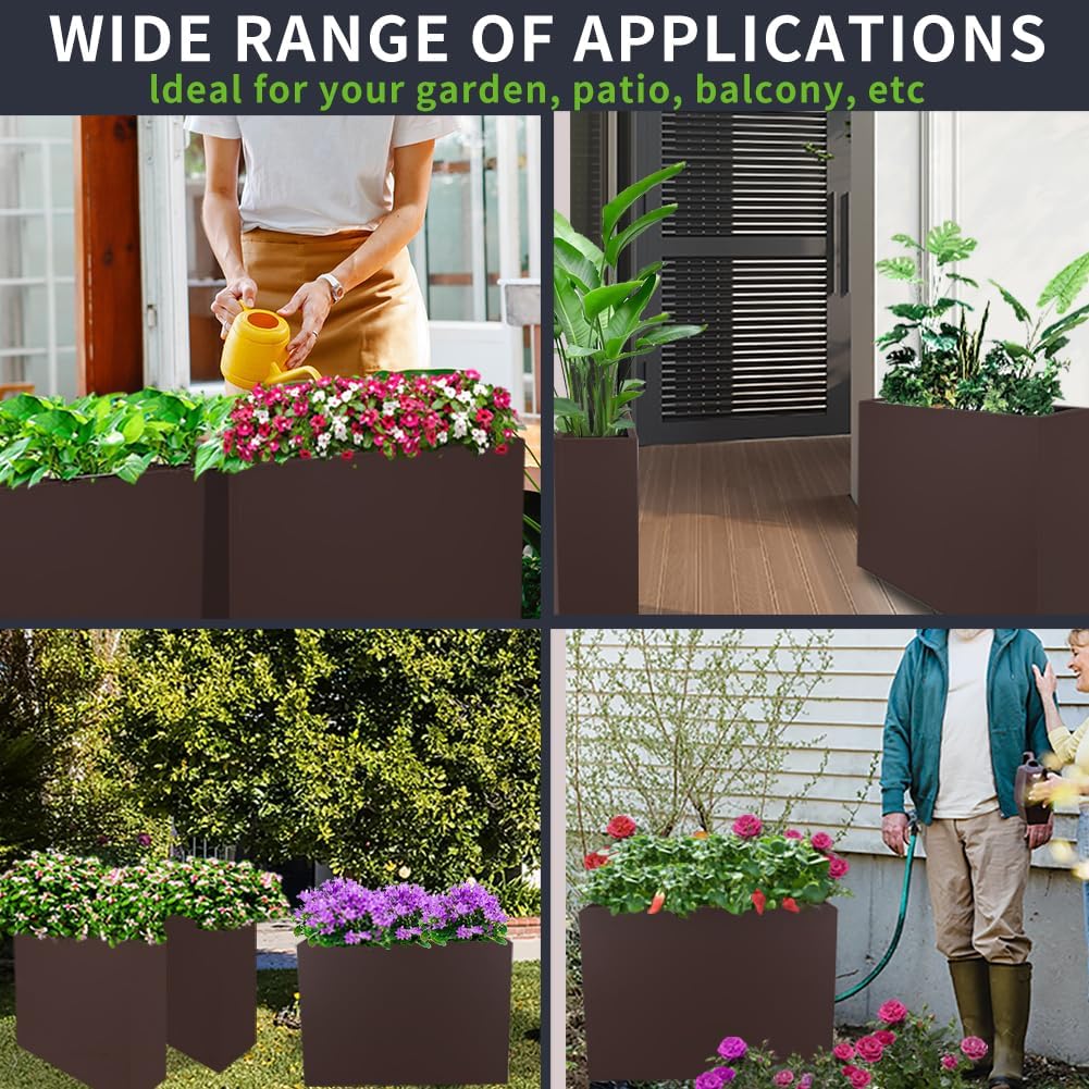 Metal Tall Long Planter Box Large Rectangular Planter Flower Pot with Drainage Holes for Indoor Outdoor Deck Porch Garden Home Patio Front Door (Espresso, L)