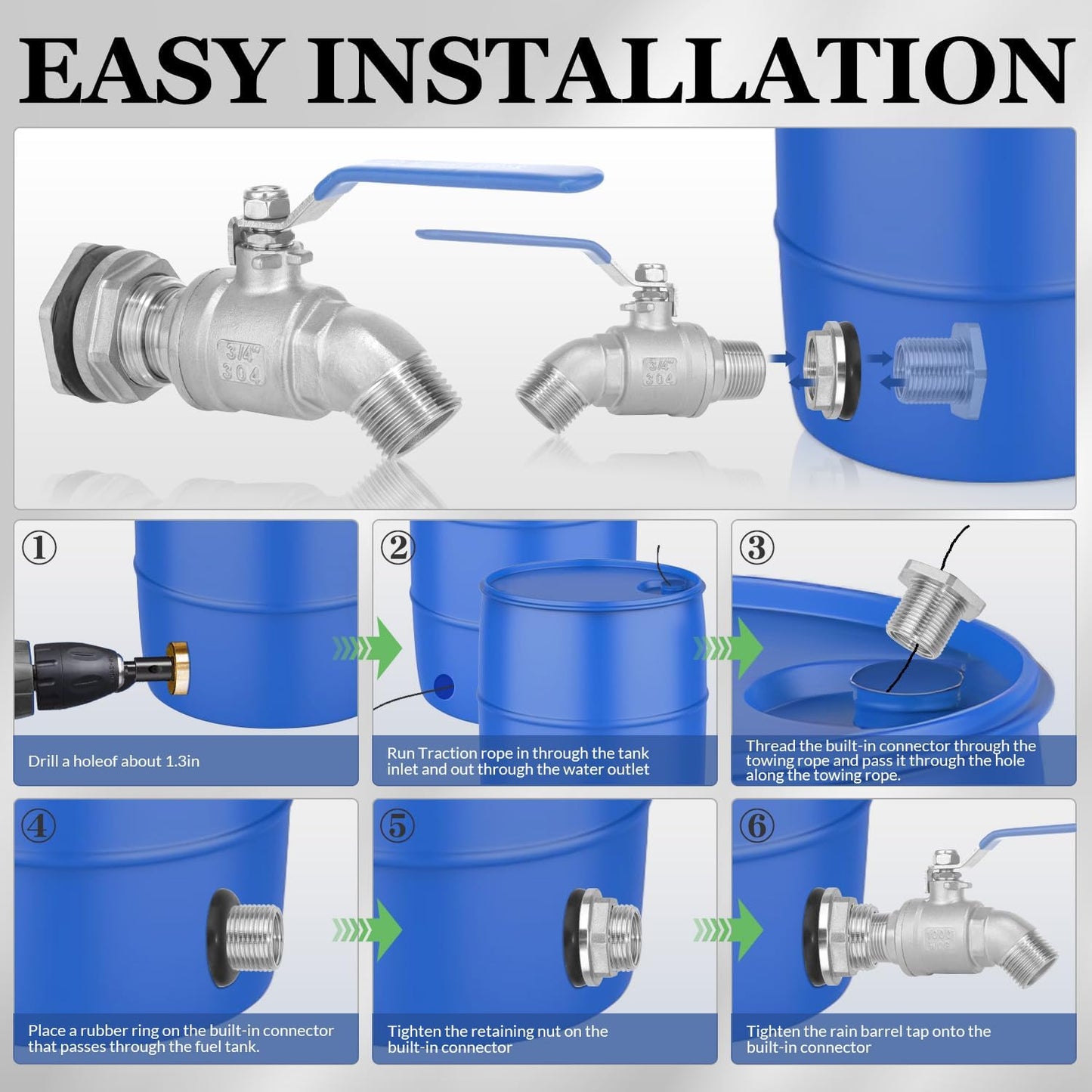 Rain Barrel Spigot Kit High Flow Water Barrel Faucet 3/4"NPT to 3/4"GHT 304 Lead-Free Compliant Stainless Steel Faucet for Rain Barrels,Rain Barrel Quarter Turn Spigot with Bulkhead Fitting